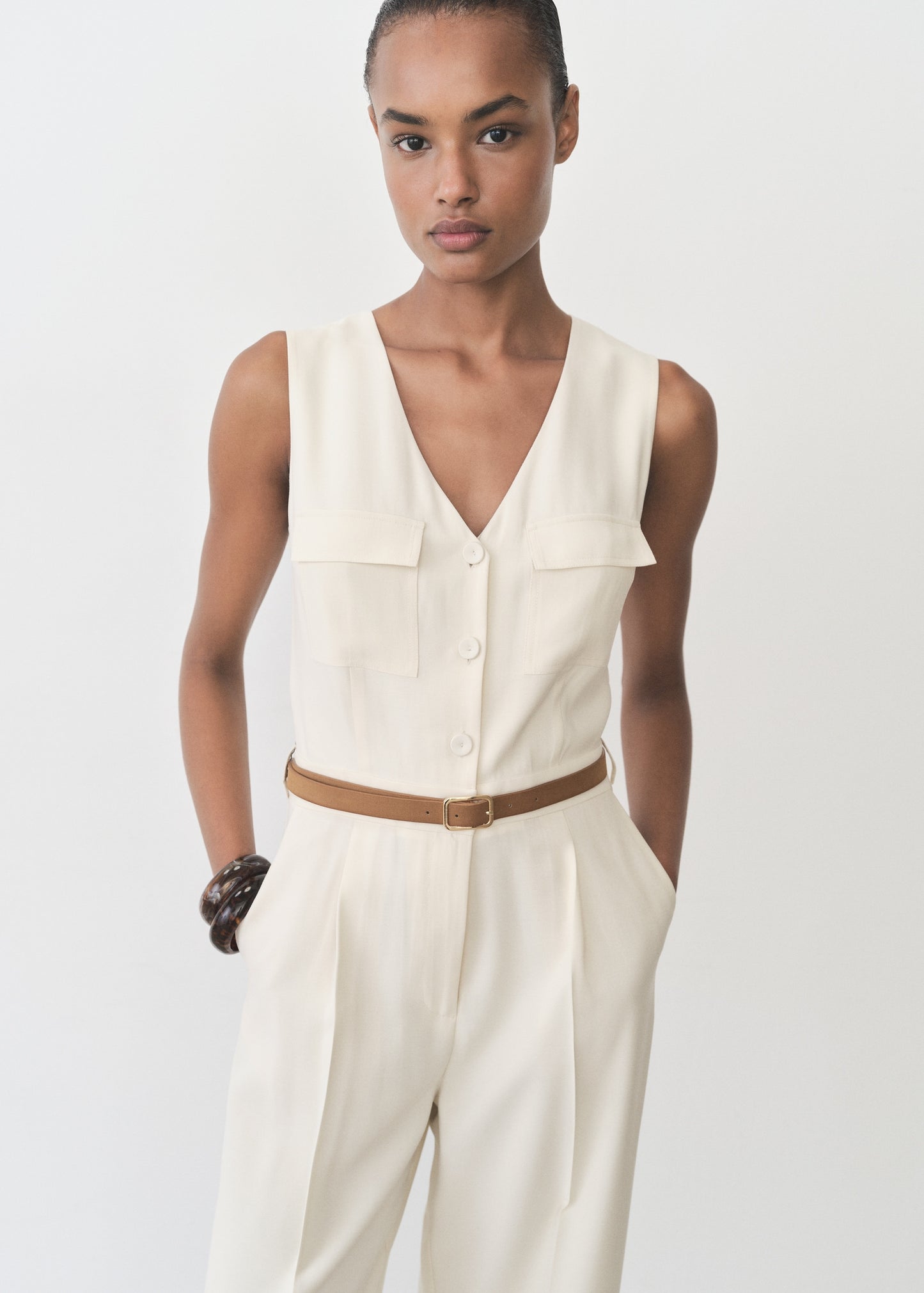 MANGO - Belt long jumpsuit ecru - S - Woman