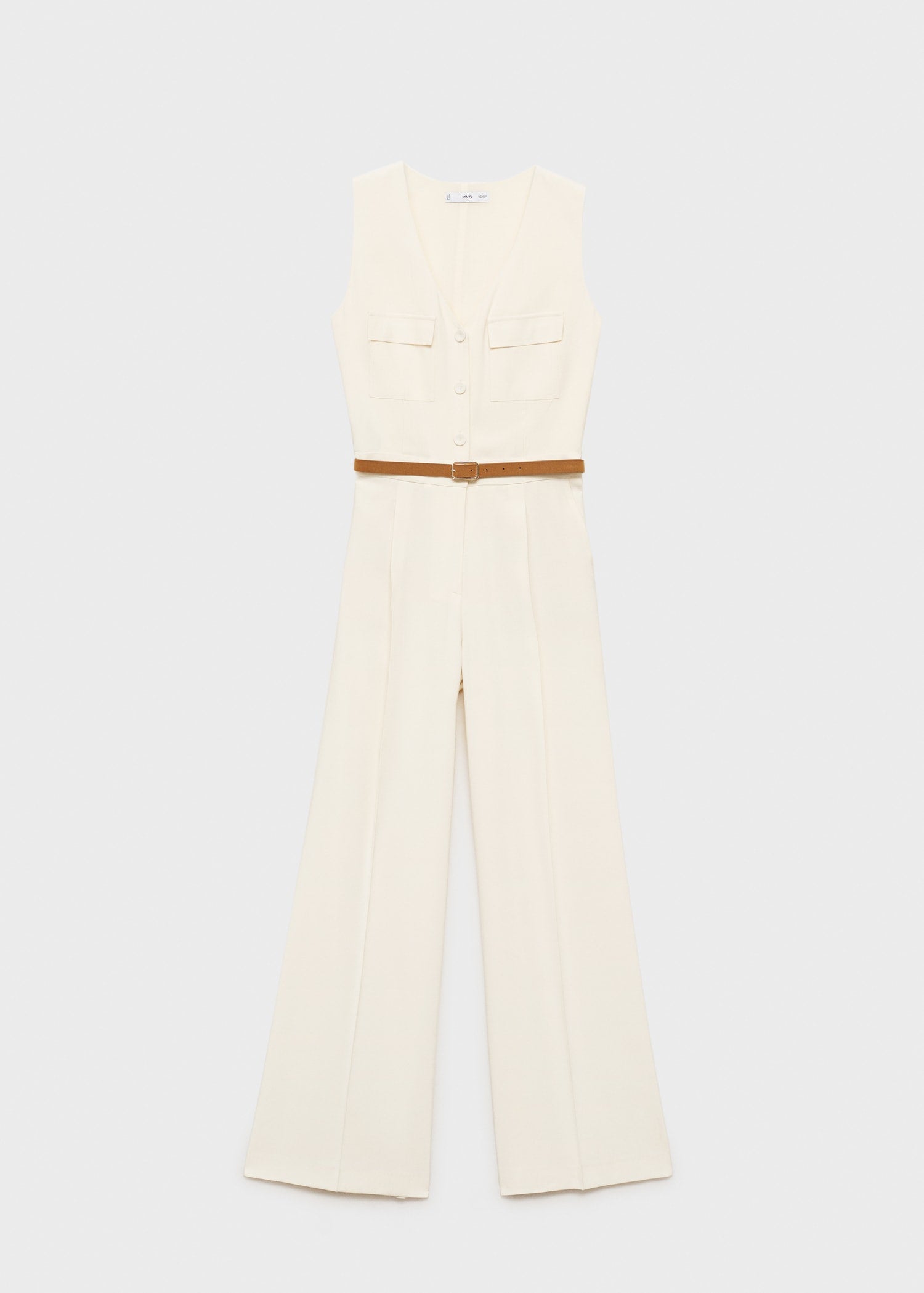 MANGO - Belt long jumpsuit ecru - S - Woman