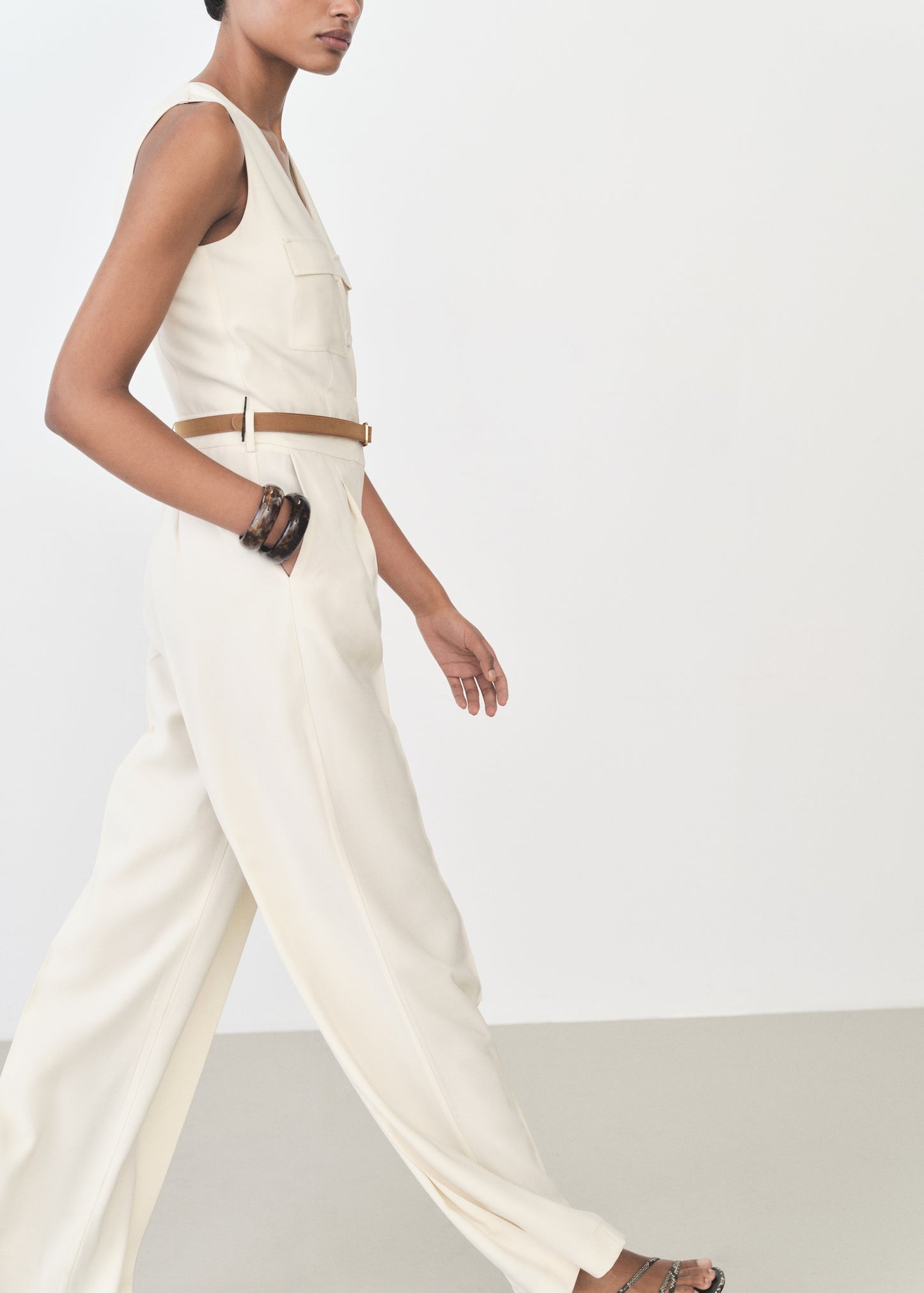 MANGO - Belt long jumpsuit ecru - S - Woman