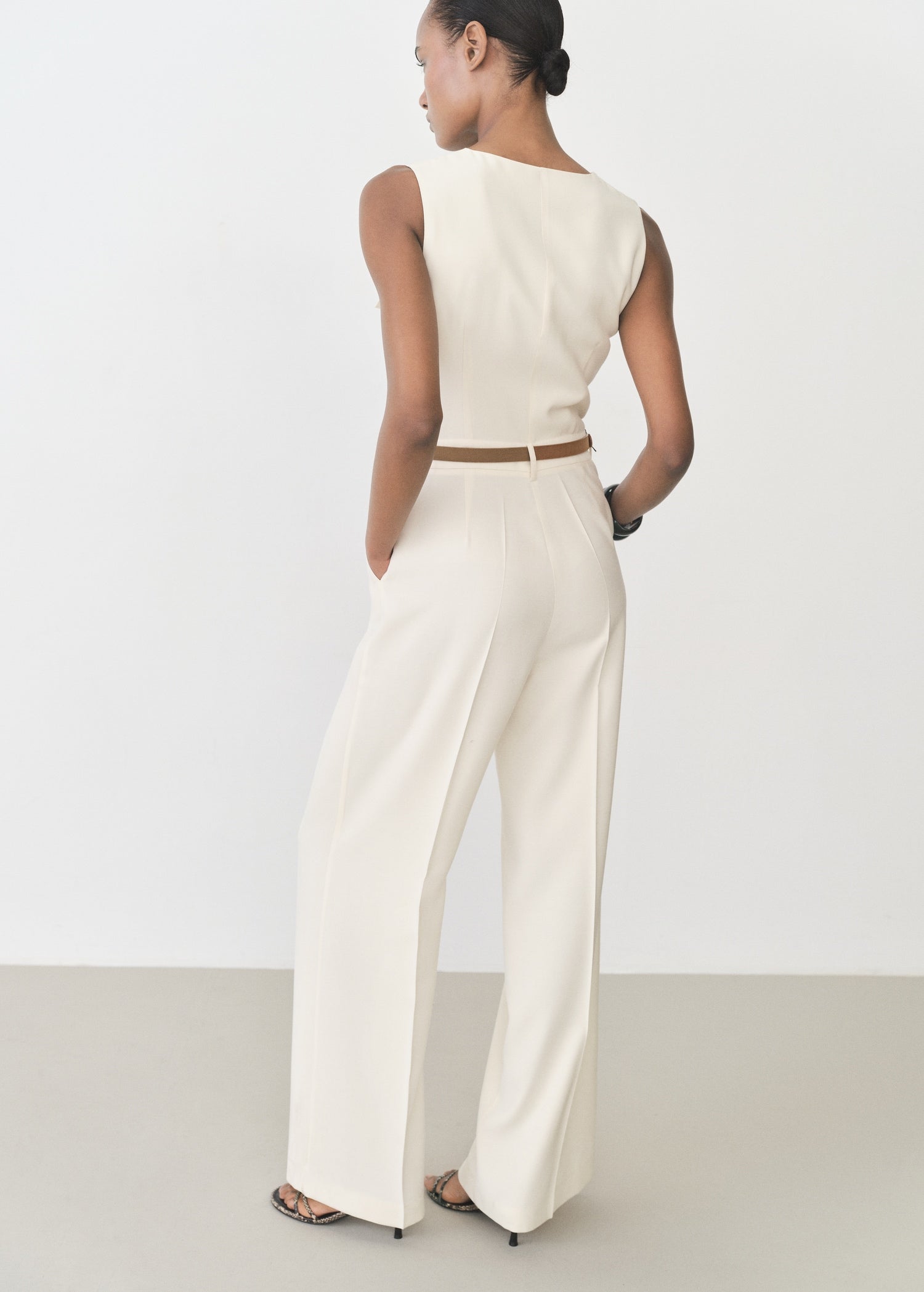 MANGO - Belt long jumpsuit ecru - S - Woman