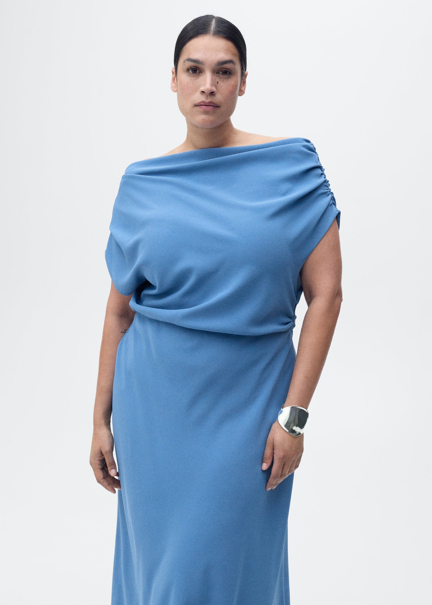 MANGO - Asymmetrical-neck midi-dress blue - 6 - Woman